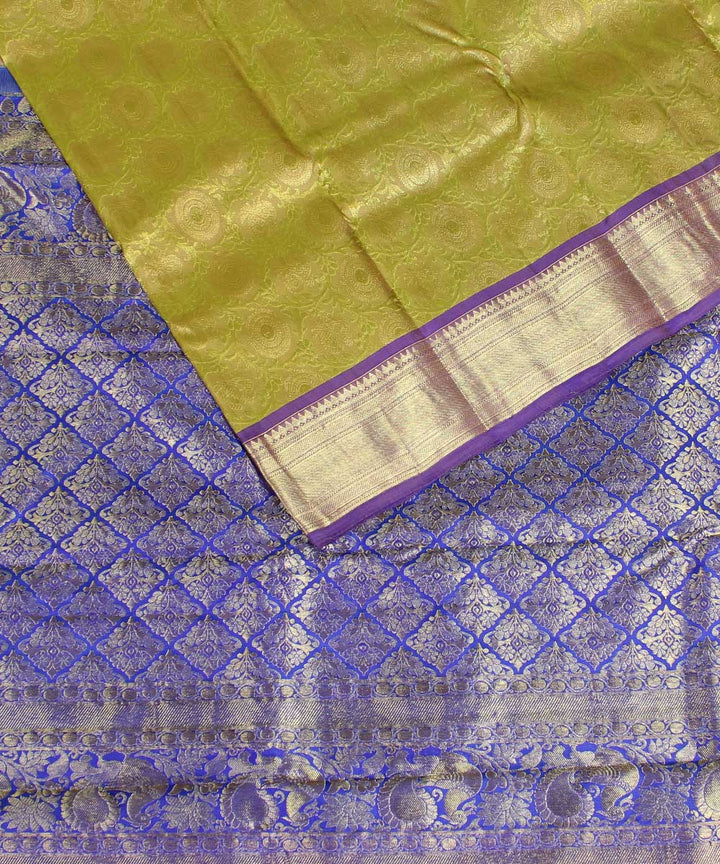 Lime green blue handwoven karnataka brocade silk saree