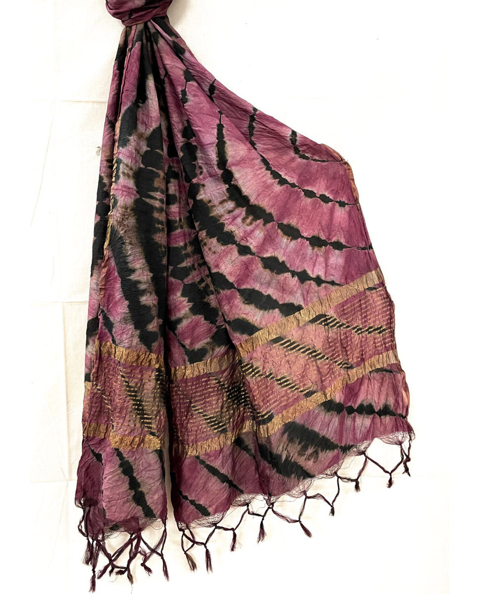 Mauve black handwoven tie dye tussar silk stole