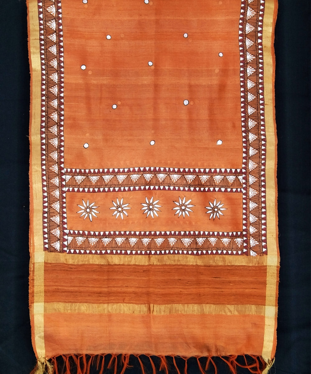 Golden orange hand painted godana silk dupatta