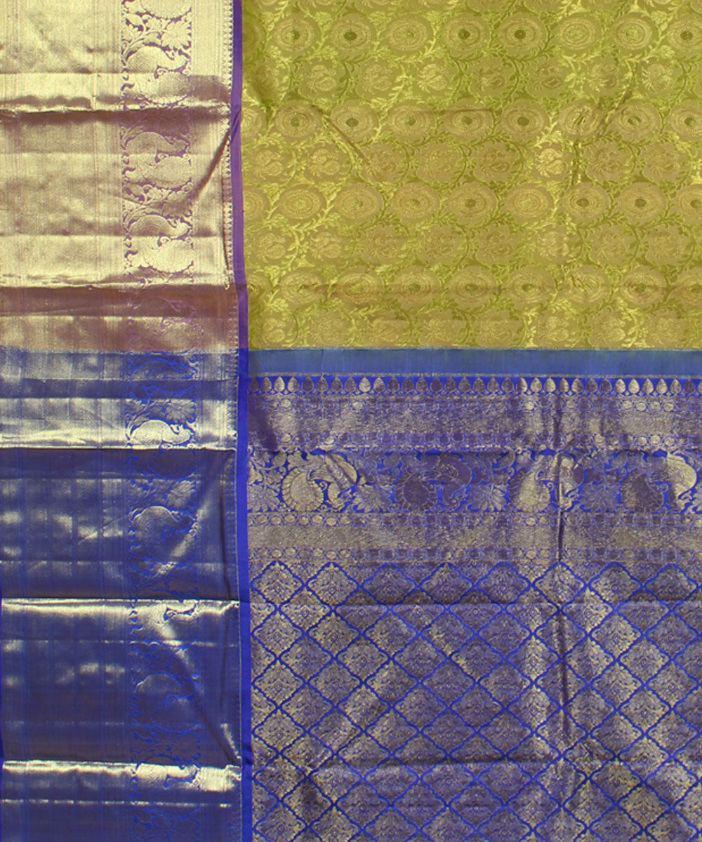 Lime green blue handwoven karnataka brocade silk saree