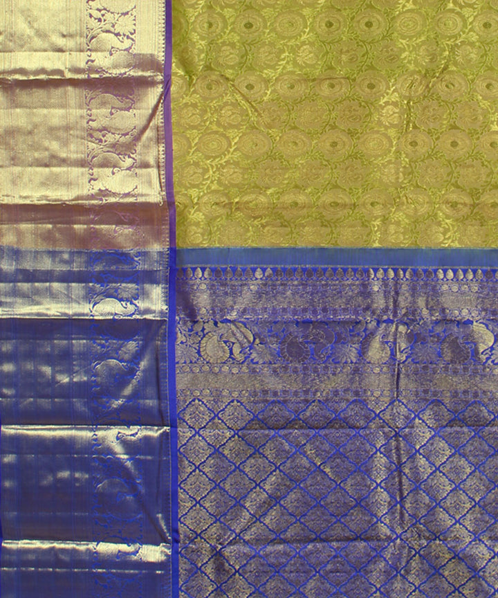 Lime green blue handwoven karnataka brocade silk saree