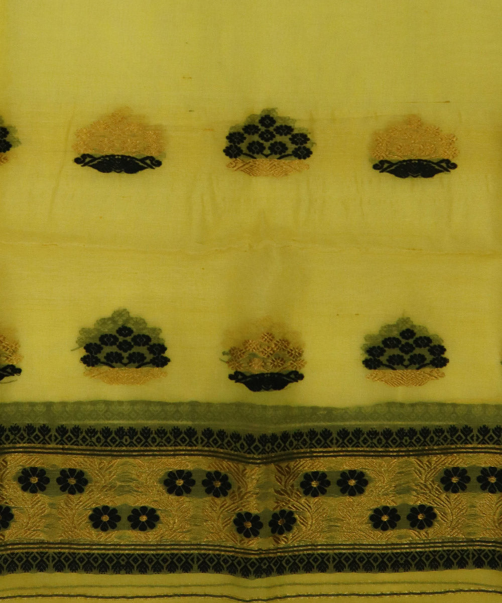 Yellow black raw silk handwoven assam mekhela chador