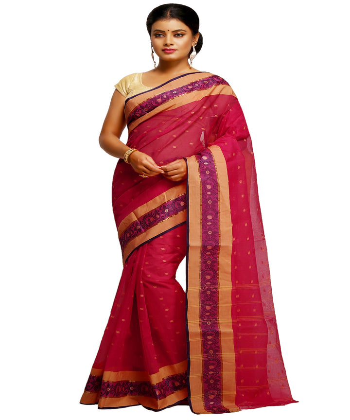 Pink handwoven tangail tant cotton bengal saree