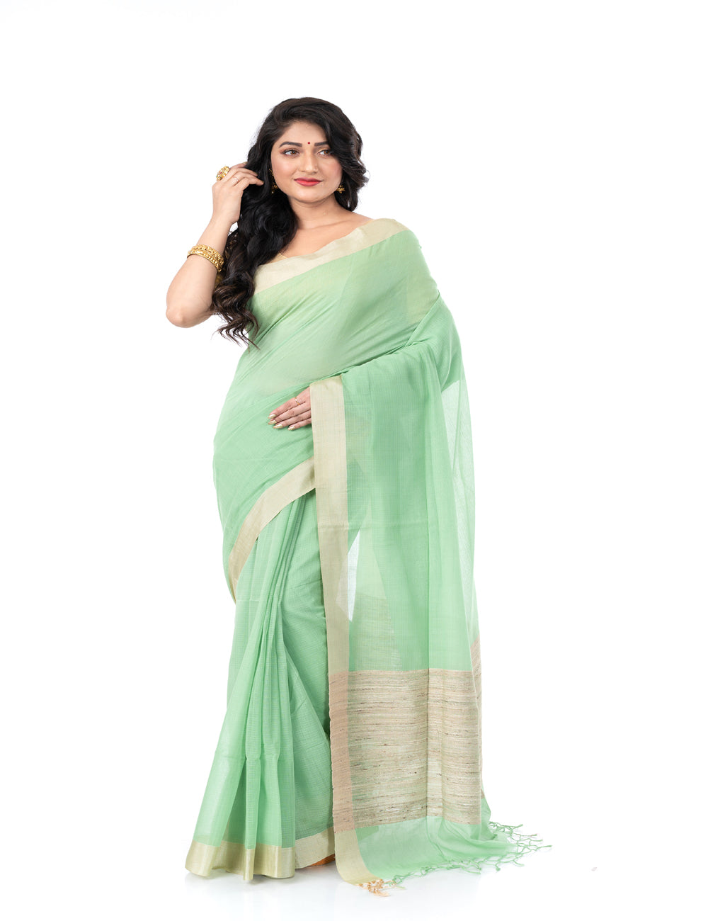 Light green handloom bengal cotton tangail saree