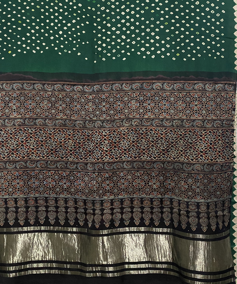 Dark green black hand printed bandhani modal silk saree