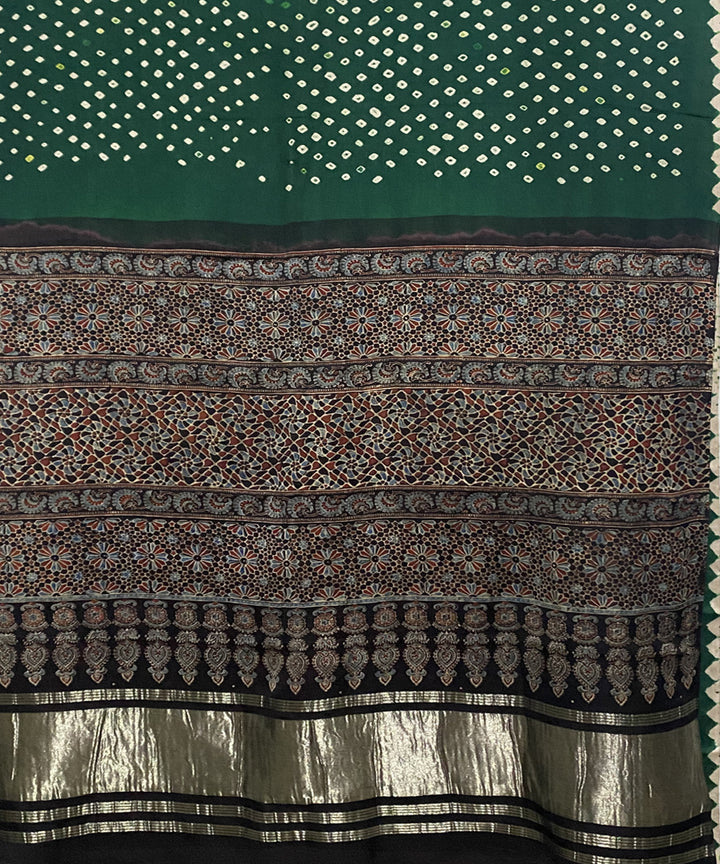 Dark green black hand printed bandhani modal silk saree