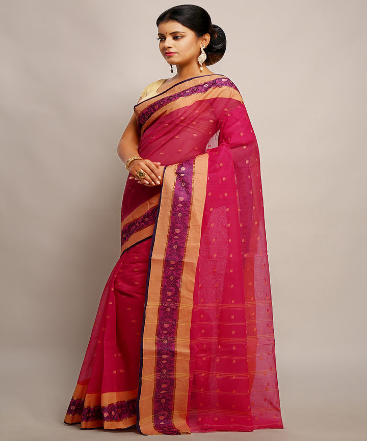 Pink handwoven tangail tant cotton bengal saree