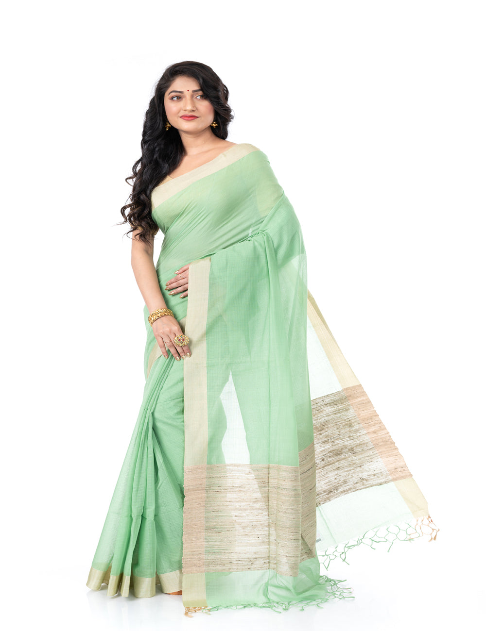 Light green handloom bengal cotton tangail saree