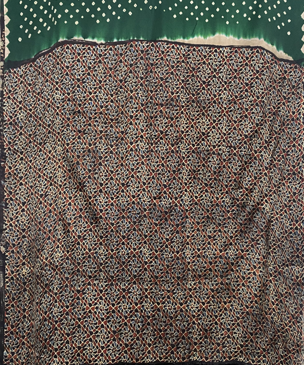 Dark green black hand printed bandhani modal silk saree