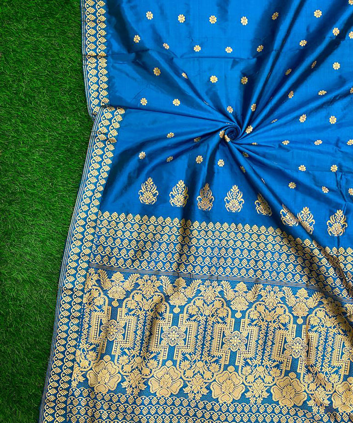 Peacock blue golden zari handloom silk assam saree