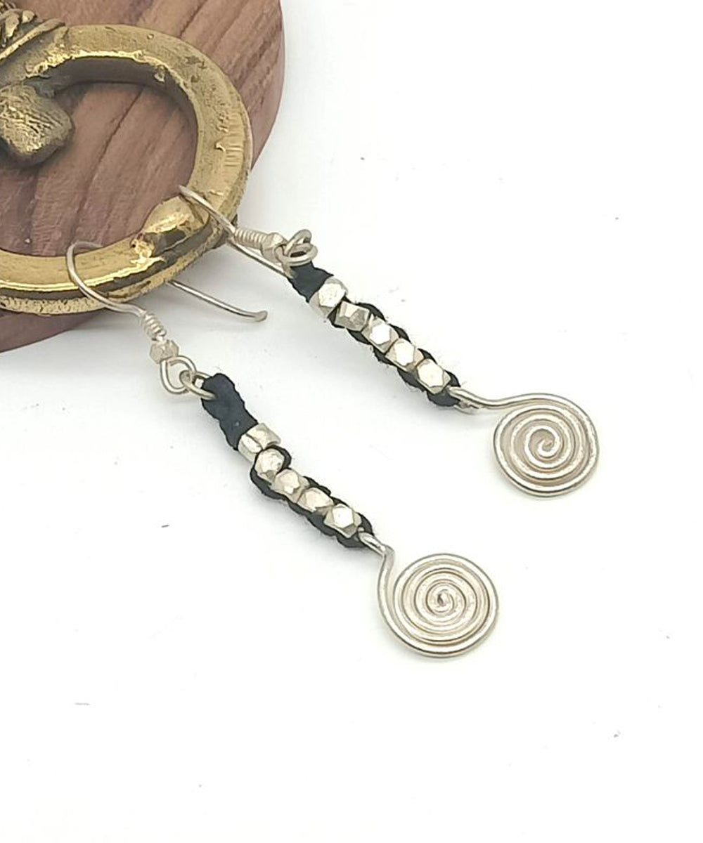Grey metal and black thread handmade brass earring