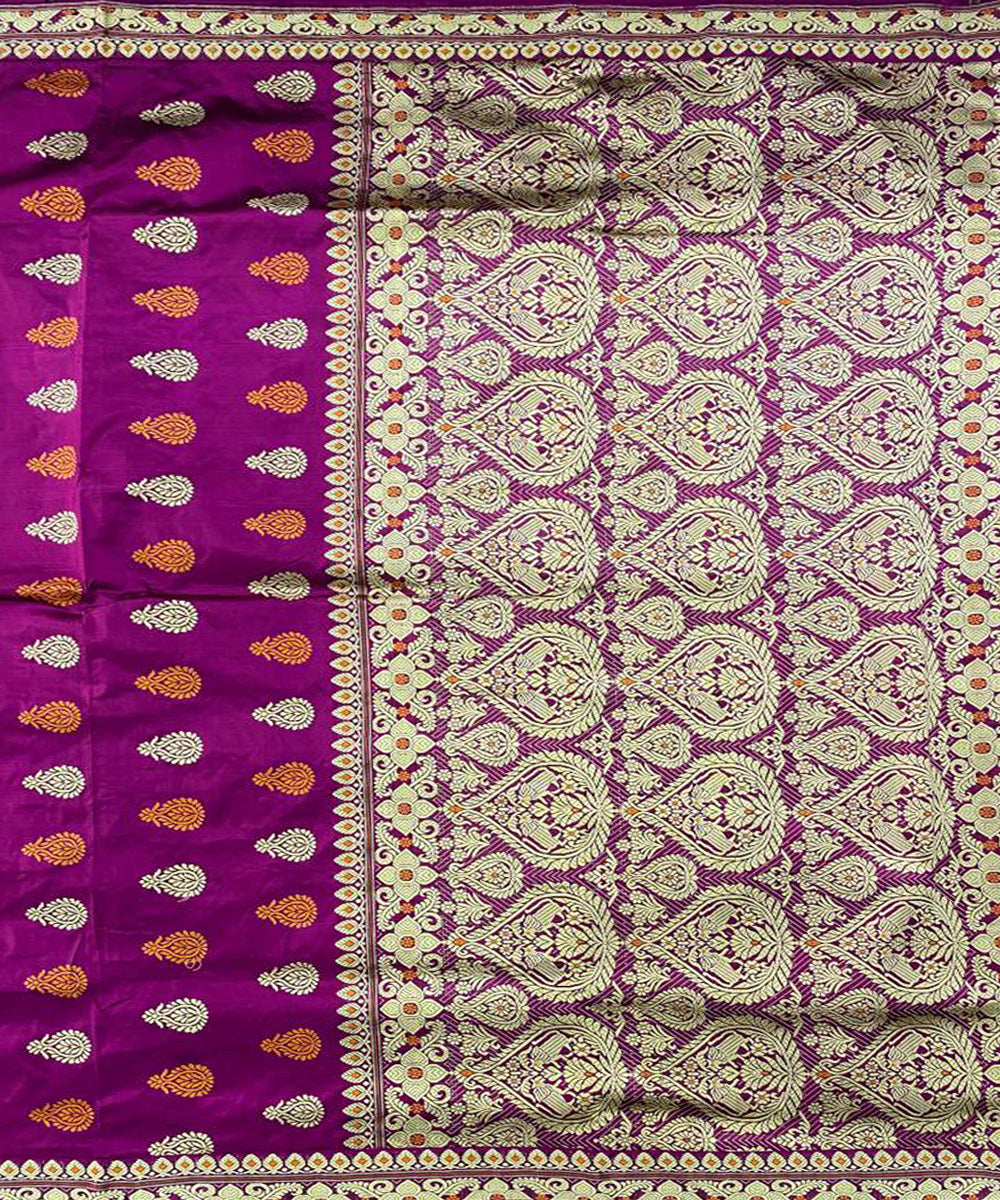 Wine purple color handwoven paat mulberry silk assam saree