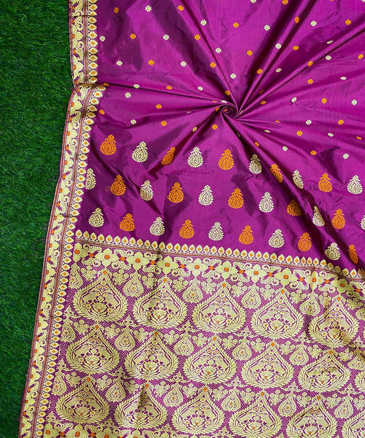 Wine purple color handwoven paat mulberry silk assam saree