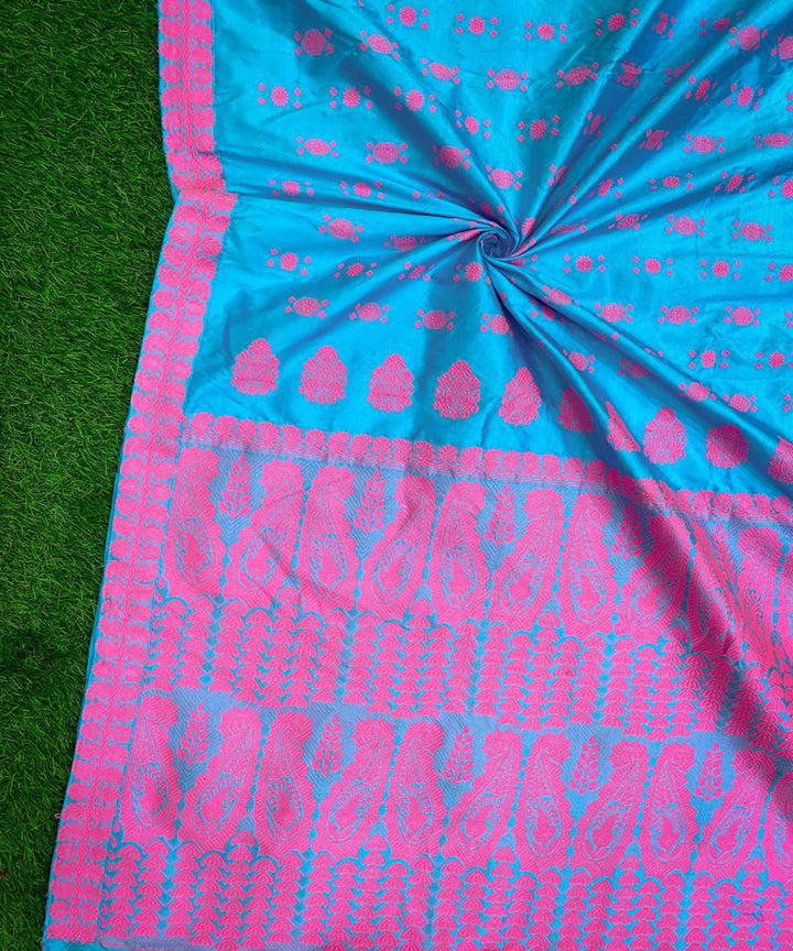 Sky blue pink handwoven paat mulberry silk assam saree