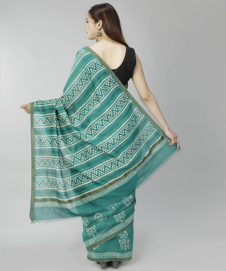 Cyan green bagru handblock printed cotton silk saree