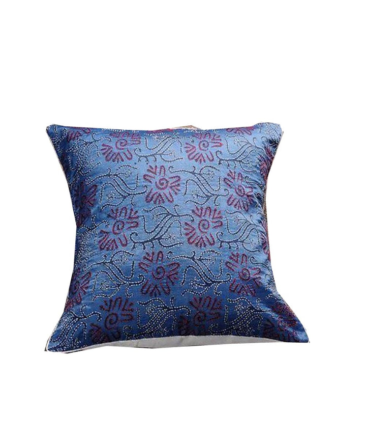 Blue kantha stitch hand embroidery tussar silk cushion cover