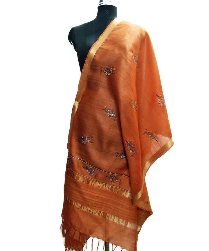 Golden orange silk hand painted godana dupatta