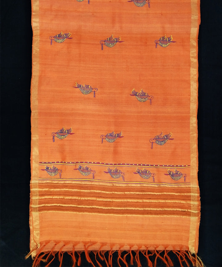 Golden orange silk hand painted godana dupatta