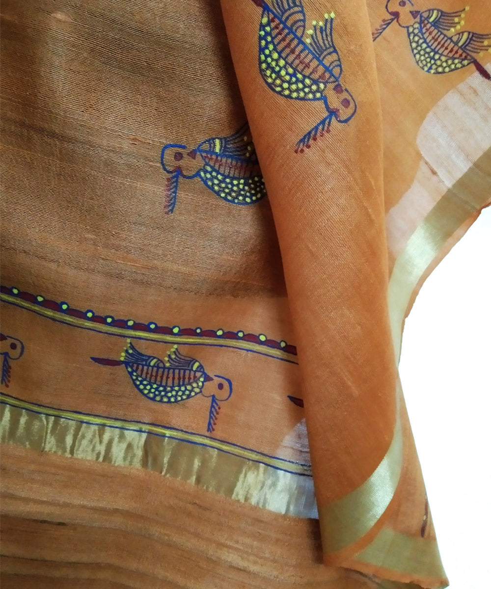 Golden orange silk hand painted godana dupatta