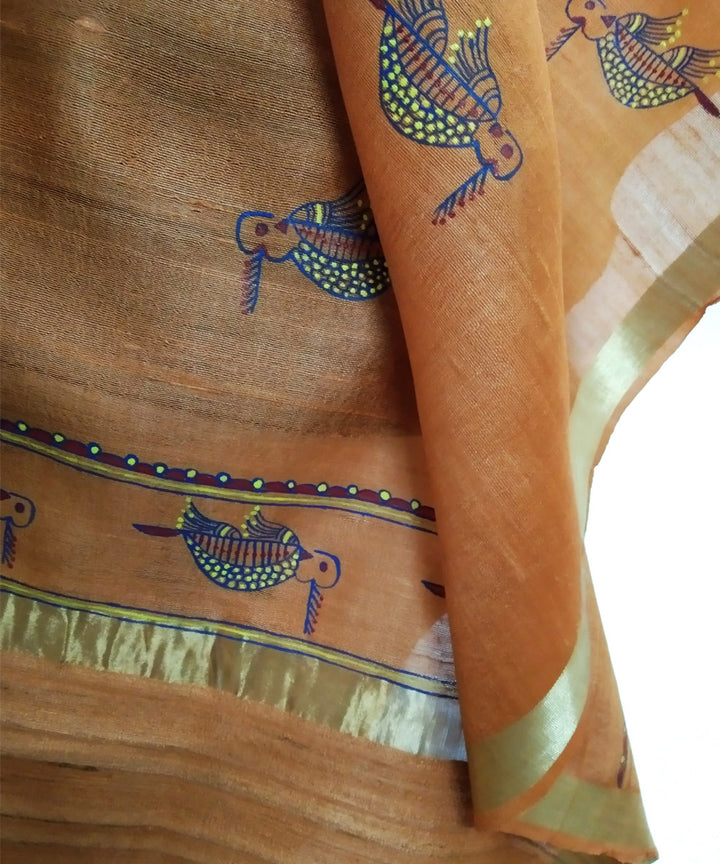 Golden orange silk hand painted godana dupatta