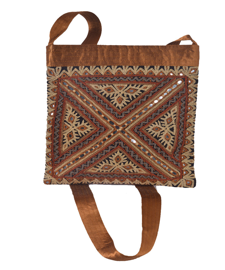 Coffee brown hand embroidered mashroo cross body bag