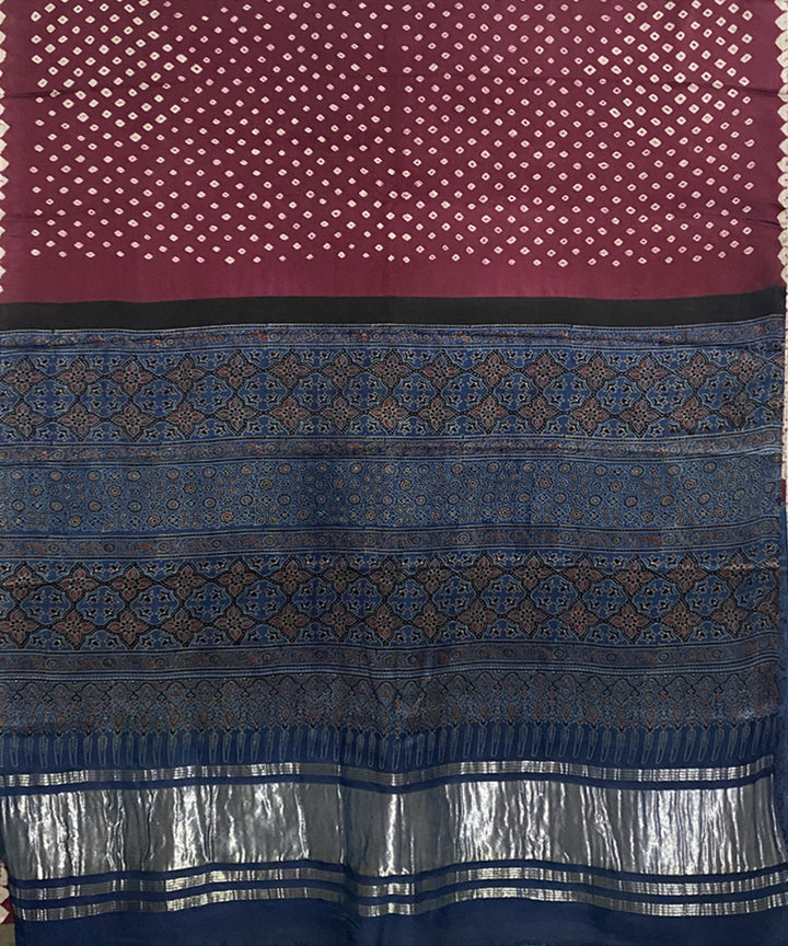 Mauve blue hand printed bandhani modal silk saree