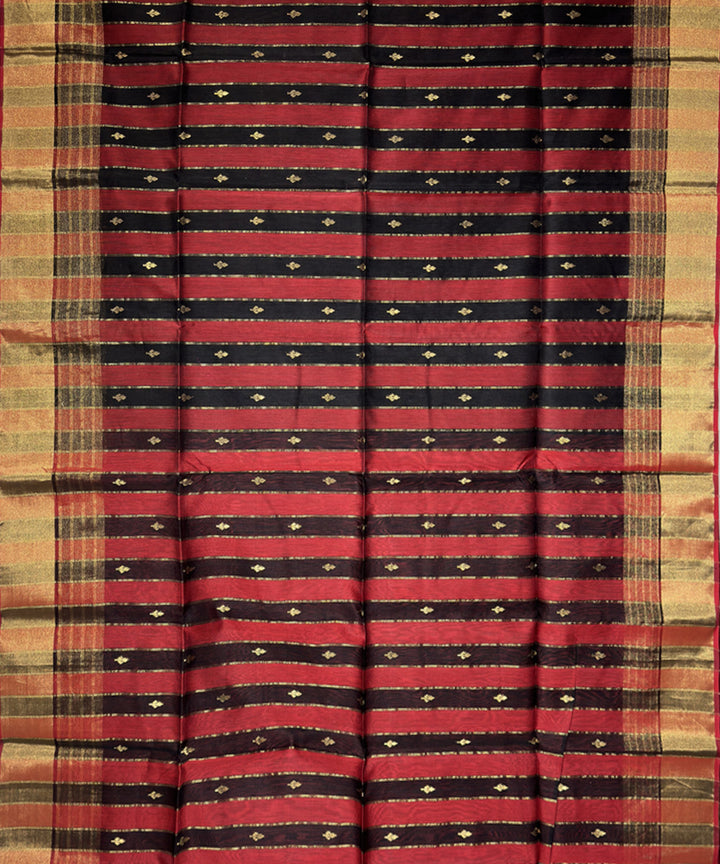 Black red stripes handwoven cotton silk maheshwari saree
