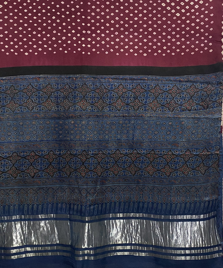 Mauve blue hand printed bandhani modal silk saree