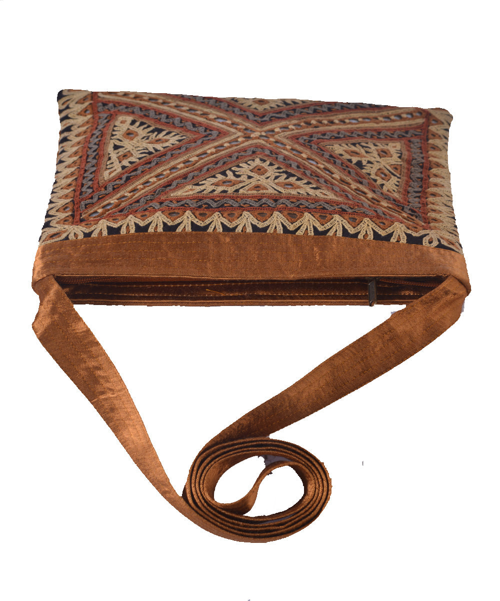 Coffee brown hand embroidered mashroo cross body bag