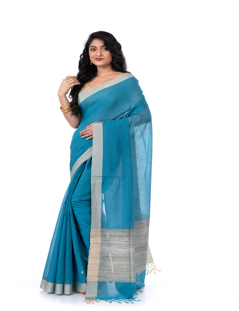 Sky blue handloom bengal cotton tangail saree