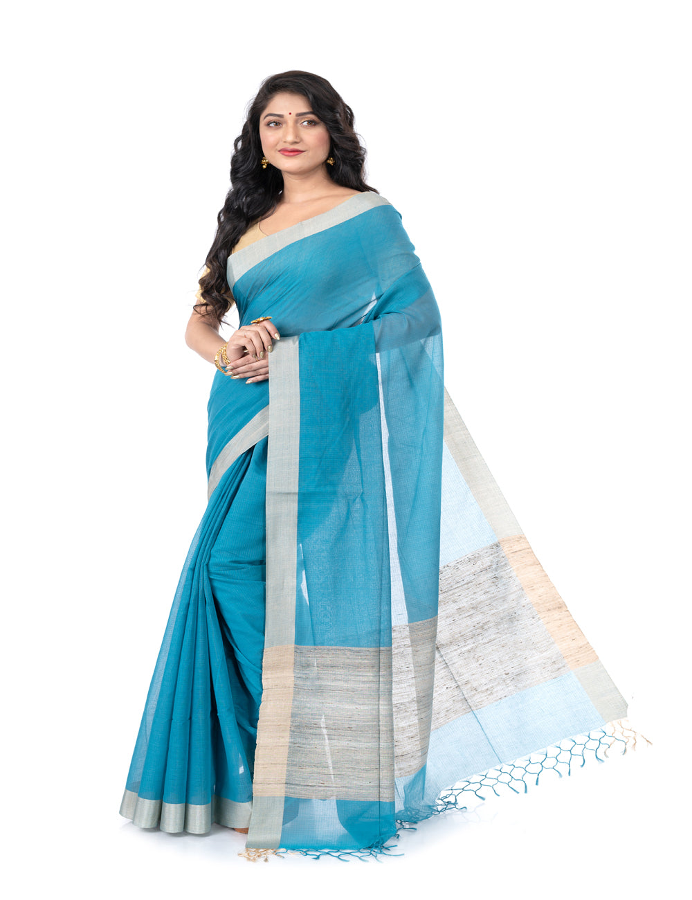 Sky blue handloom bengal cotton tangail saree