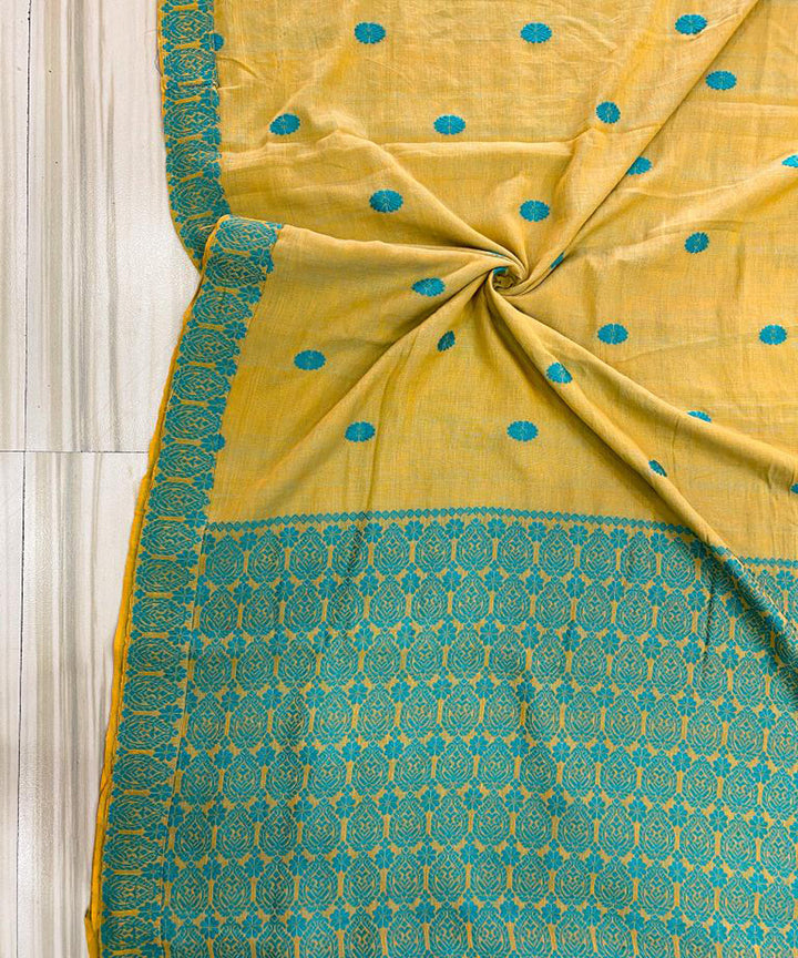 Yellow beige with sky blue handloom cotton assam saree