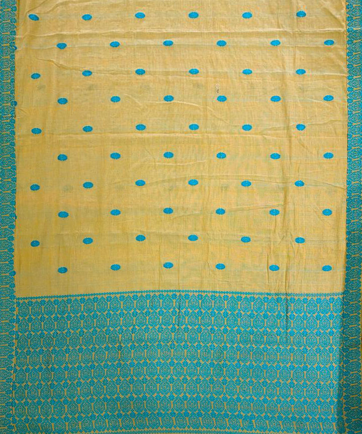 Yellow beige with sky blue handloom cotton assam saree