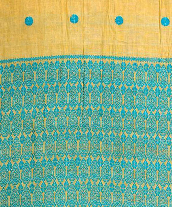 Yellow beige with sky blue handloom cotton assam saree