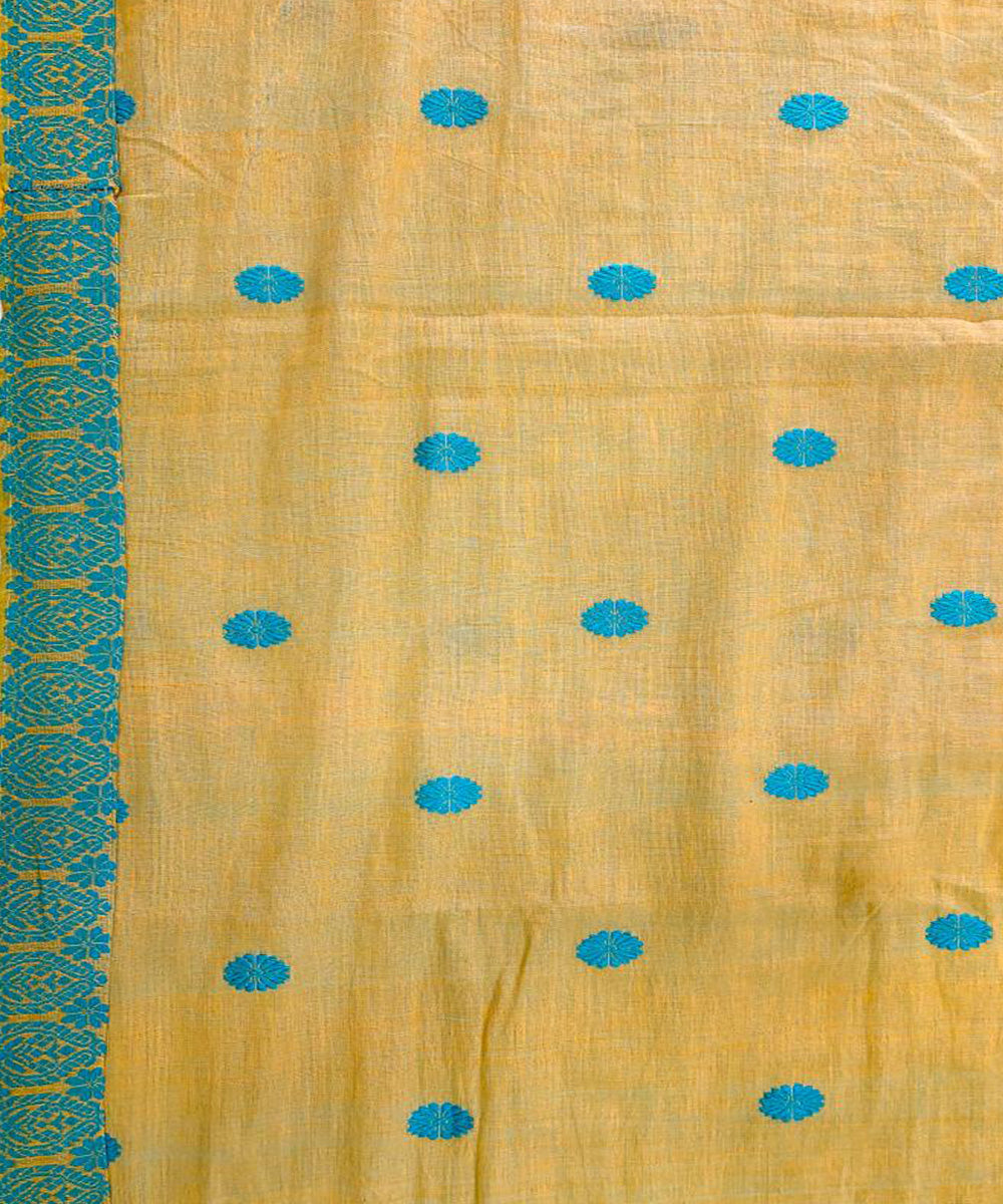 Yellow beige with sky blue handloom cotton assam saree