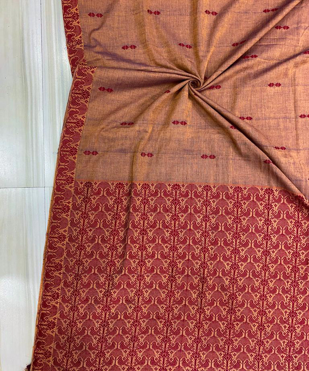 Metallic brown and red handloom cotton assam saree