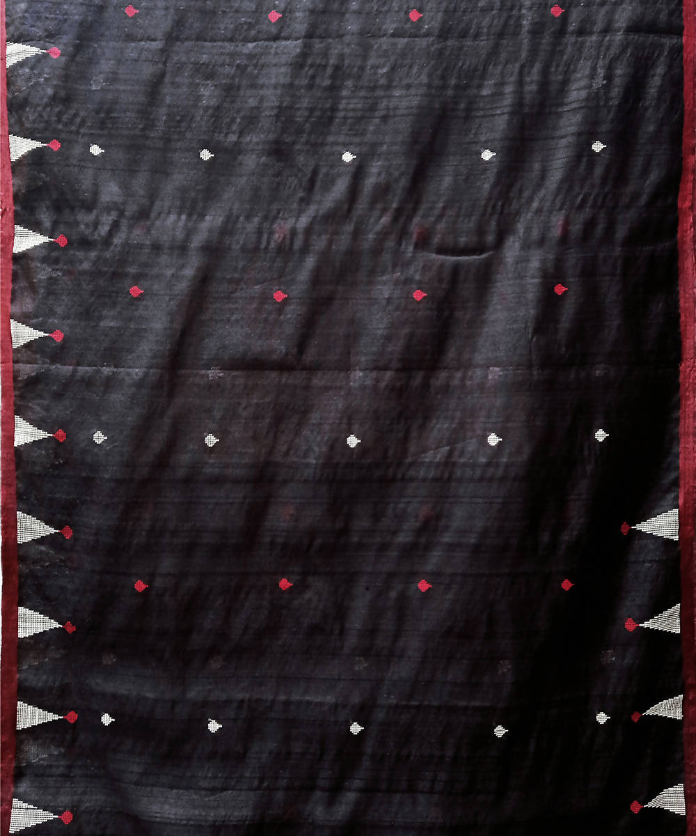 Black white handwoven extra weft tussar silk saree