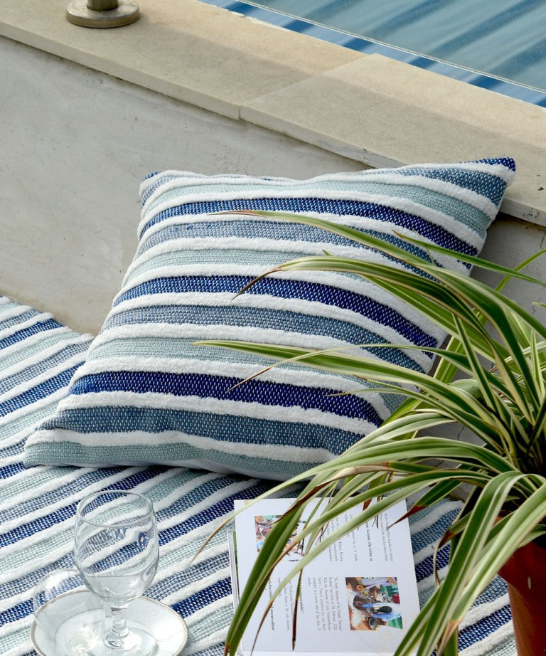 Blue white stripes handwoven cotton cushion cover