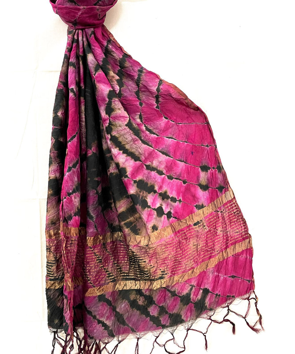 Pink black handwoven tie dye tussar silk stole