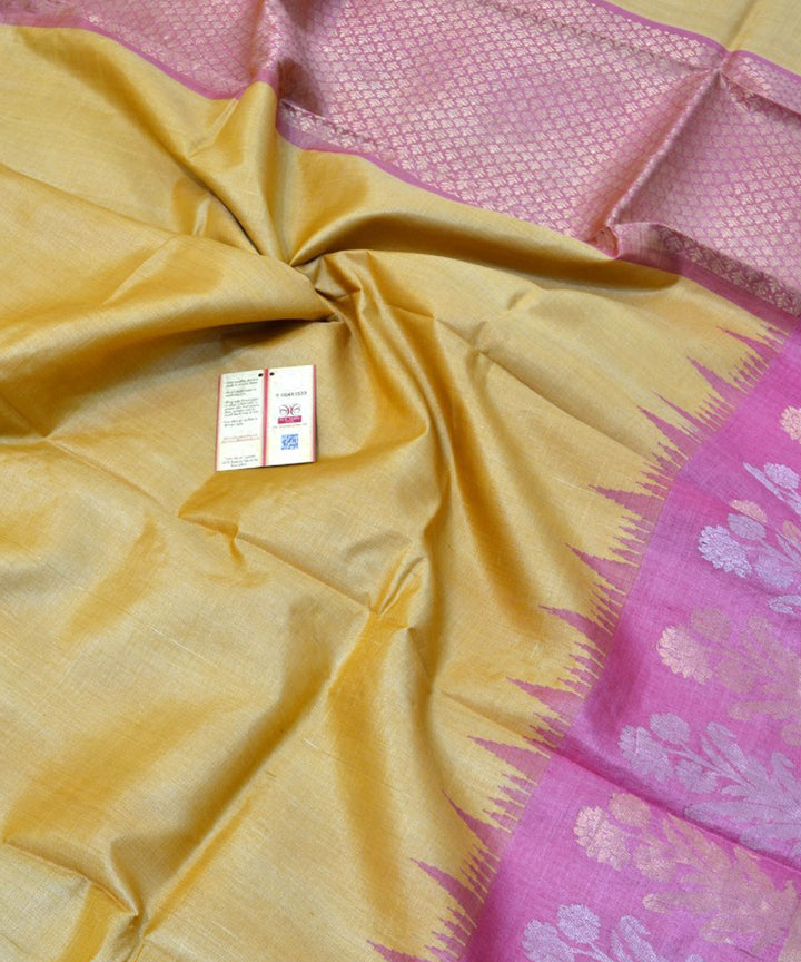 Yellow pink handloom kosa tussar silk saree
