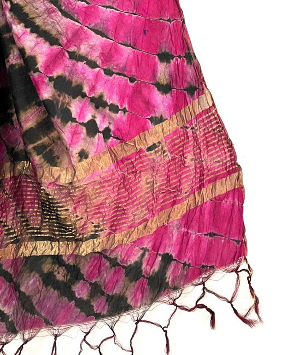 Pink black handwoven tie dye tussar silk stole