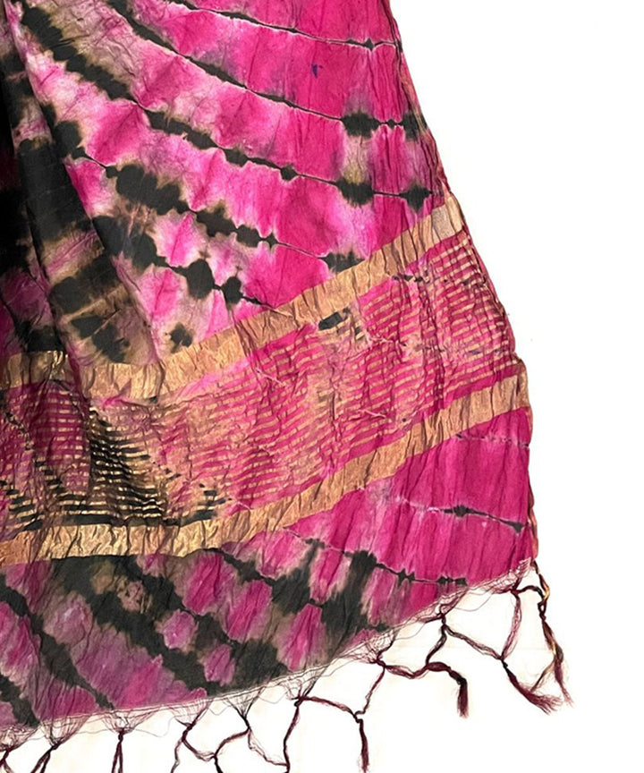 Pink black handwoven tie dye tussar silk stole