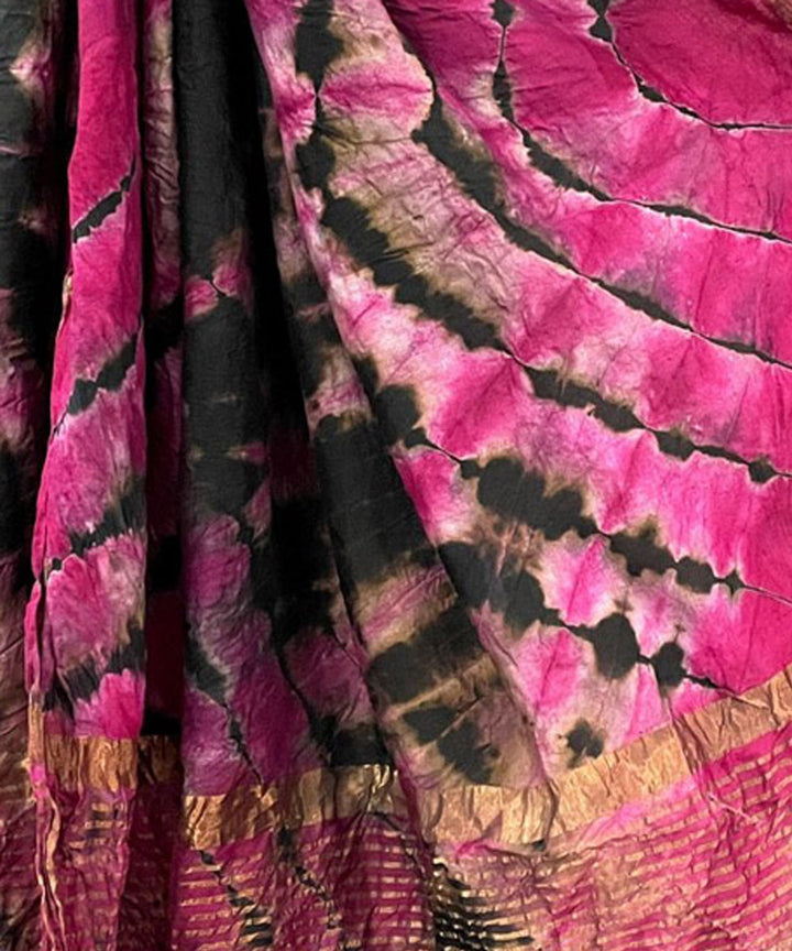 Pink black handwoven tie dye tussar silk stole