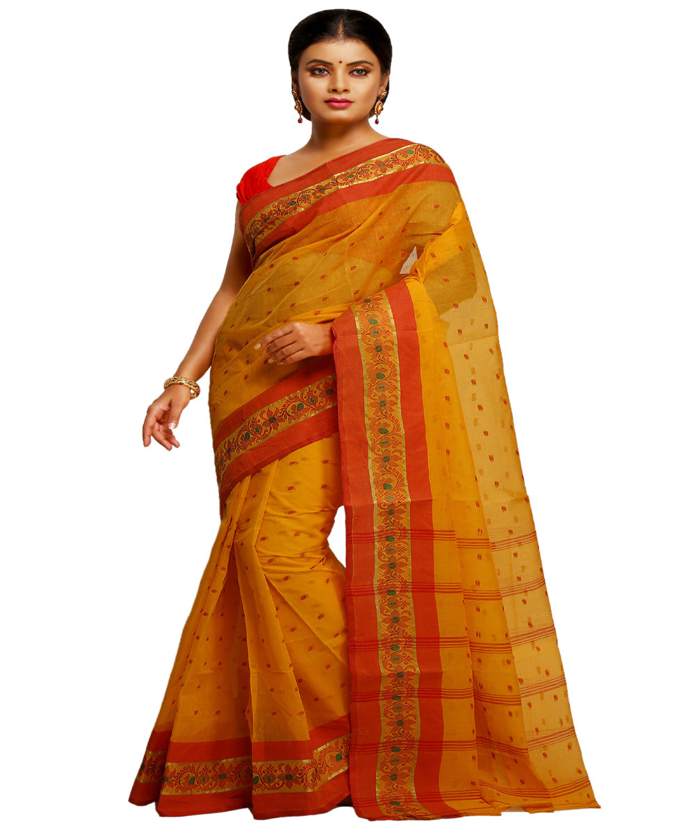 Yellow orange handwoven tangail tant cotton bengal saree