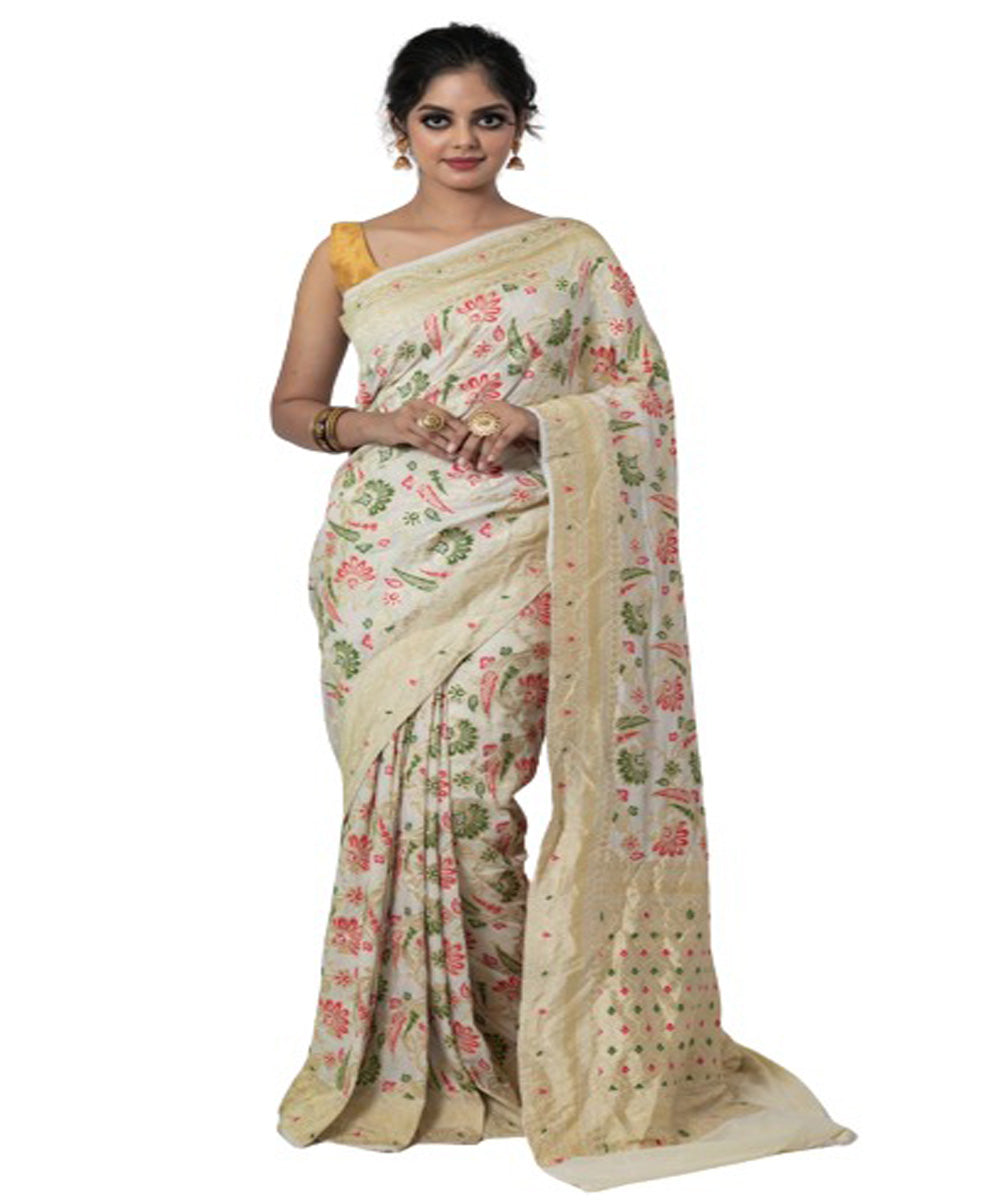 Beige multicolor handloom silk fekua jaal meena work banarasi saree