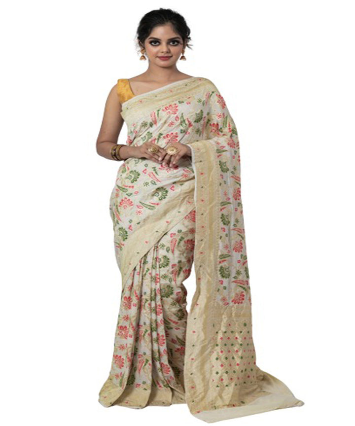 Beige multicolor handloom silk fekua jaal meena work banarasi saree