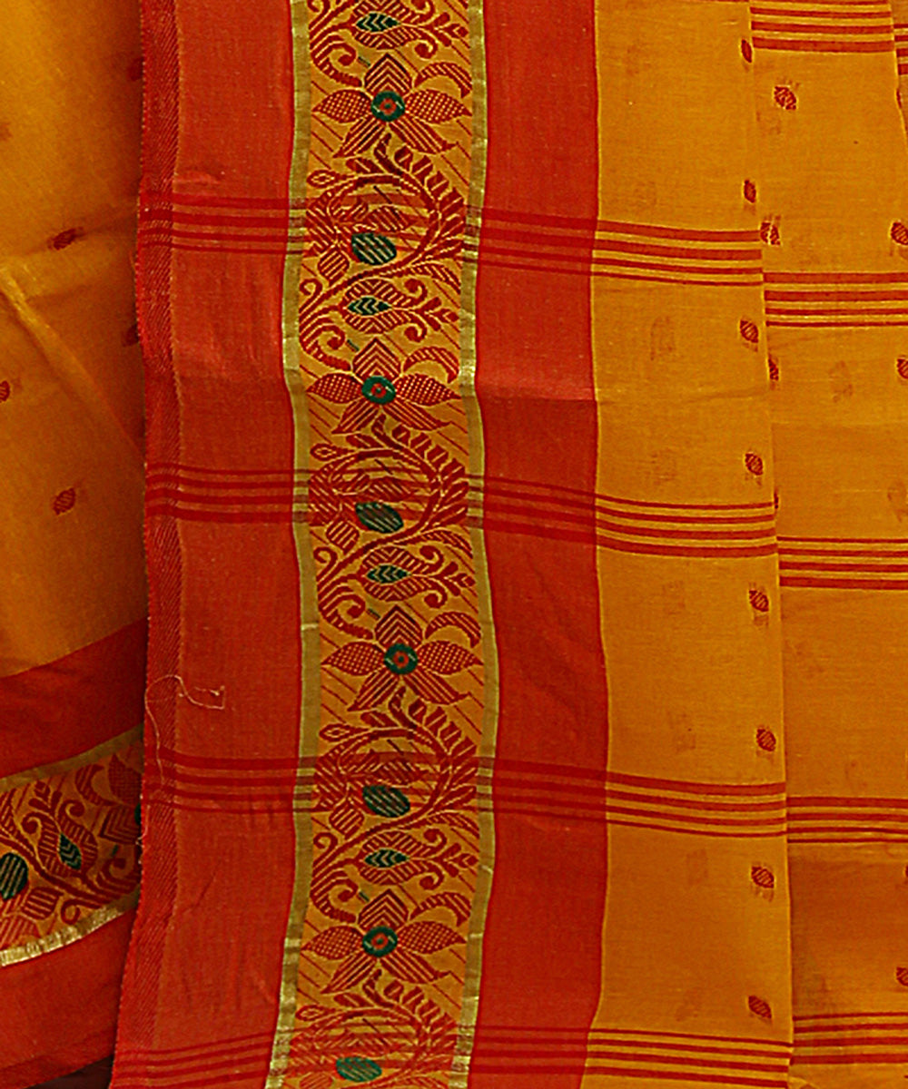 Yellow orange handwoven tangail tant cotton bengal saree
