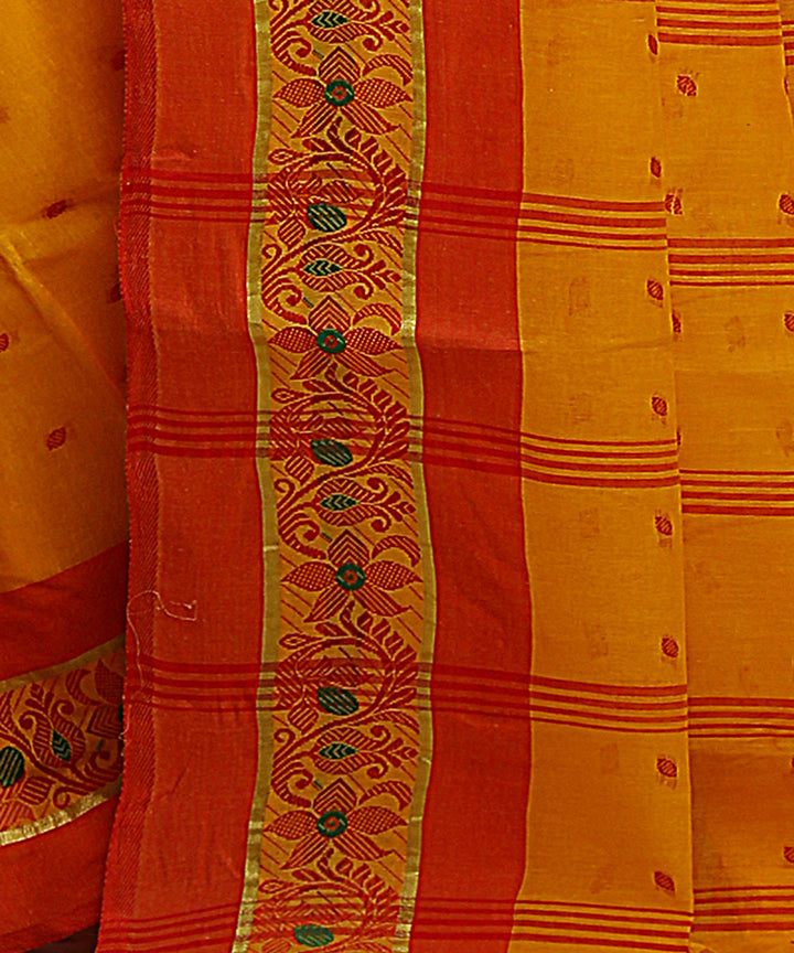 Yellow orange handwoven tangail tant cotton bengal saree