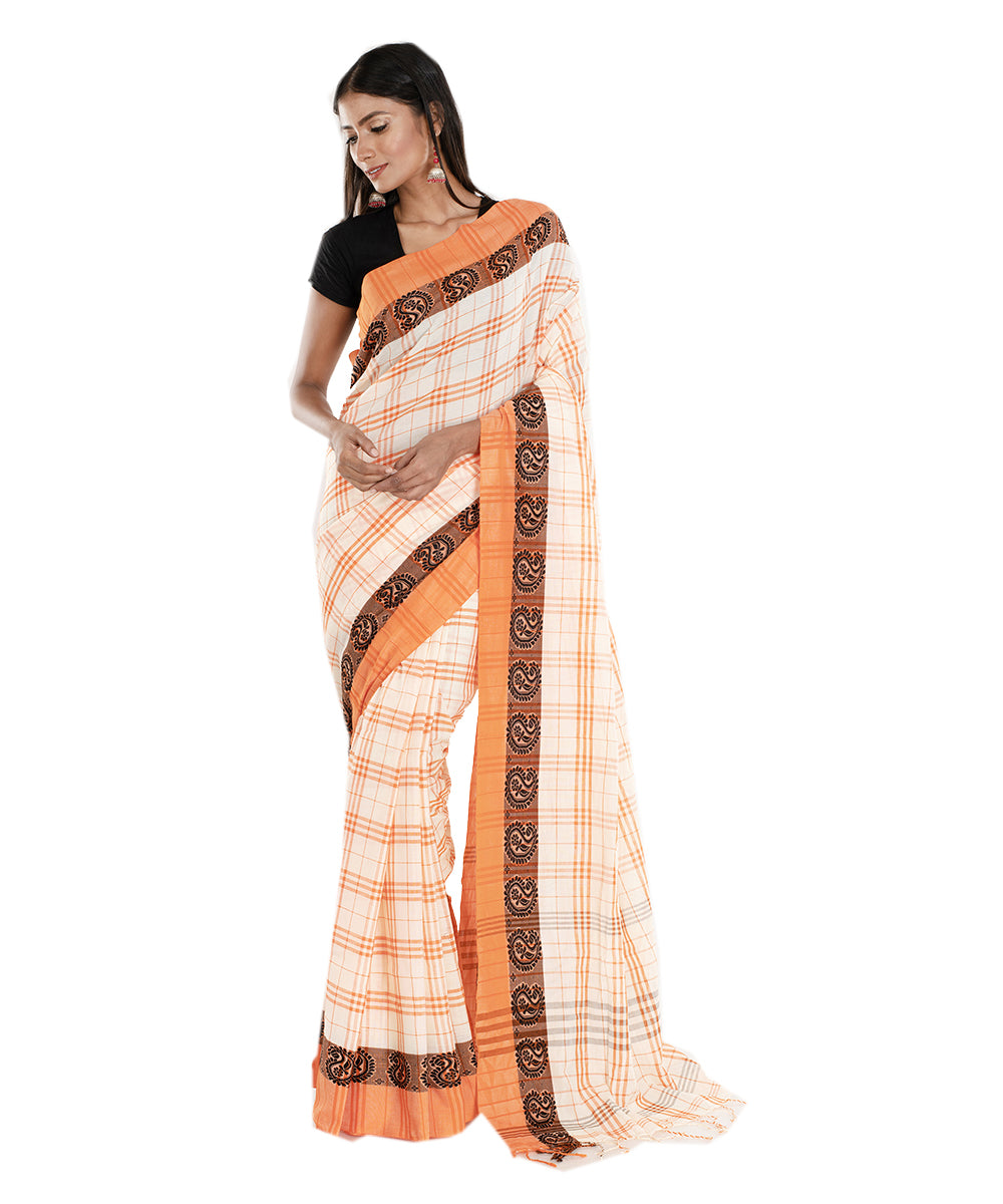 Cream and orange handloom tangail bengal cotton saree