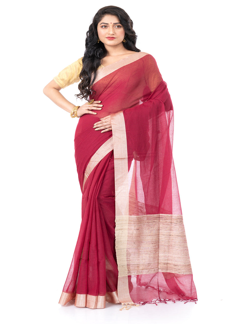 Maroon handloom bengal cotton tangail saree
